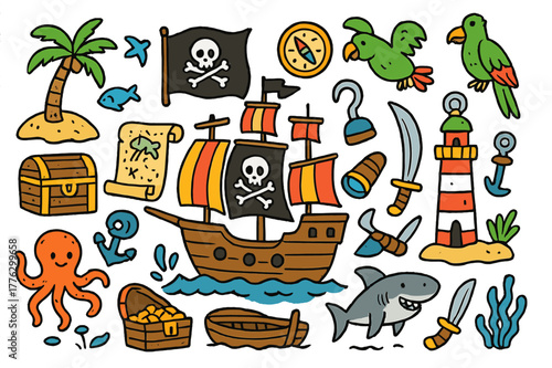 Pirate Adventure Icons. Pirate ship, Colorful Hand-drawn doodle Children illustration Pirate ship and treasure hunt. Pirate flag, treasure chest, anchor,