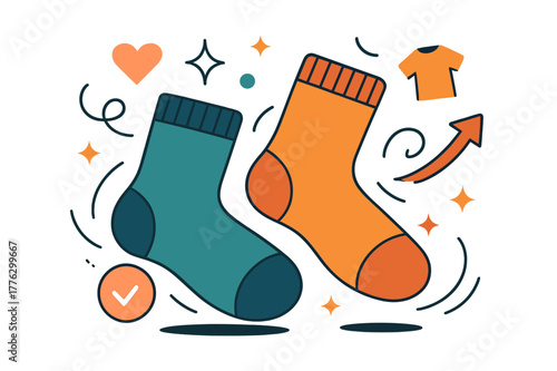 Fashionable Rolling Socks. Socks. Pair of socks rolling on floor with abstract floating icons, lines, and sparkles; emphasizes casual lifestyle, comfort, and