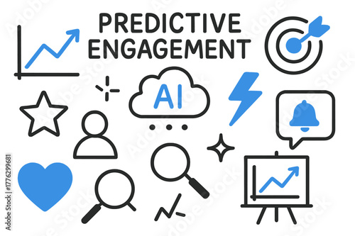 Predictive Engagement Doodle. // Predictive engagement. Hand-drawn doodle illustration Predictive engagement [graph forecast (accented), target (accented),