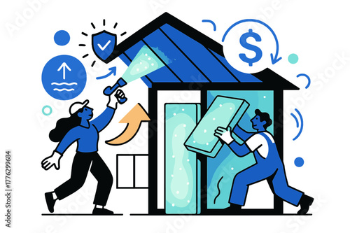 Sustainable Insulation Scene. Insulation installation. Glowing foam or panels being added to walls and roof,