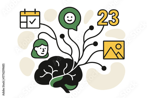 Neural Memory Visualization. Memory recall. Abstract neurons connecting from the hippocampus to floating