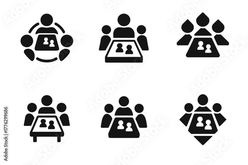 Logo Variations Grid. Friends gathering. Set Logo of friends gathering: board game table with shared pieces. Icon set. harmonious logo variations of the same