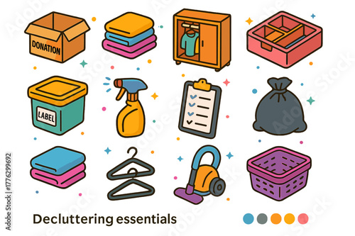 Decluttering Essential Icons. Decluttering essentials. Colorful isometric vector icons set of Decluttering essentials: donation box, folded clothes stack, open