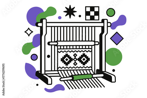 Cultural Weaving Artistry. Cultural weaving. Loom with threads forming traditional patterns, floating