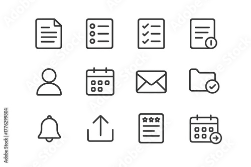 Agenda Icons Set. Follow-up and Minutes. Line icon set of Follow-up and Minutes: meeting minutes document, attendance list, decisions check, action items list,