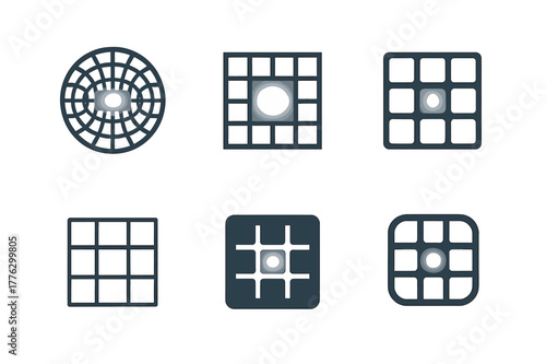 K-Space Logo Variations. MRI machine. Set Logo of MRI machine: k-space grid with center highlight. Icon set. harmonious logo variations of the same emblematic