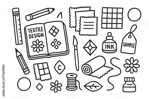 Textile Design Elements. Textile design. Hand-drawn doodle illustration textile design sketchbook, pencil, ruler, swatches, pattern grid, brush, ink bottle,