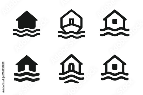 Amphibious Housing Logos. Floating neighborhoods. Set Logo of floating neighborhoods: amphibious house module. Icon set. harmonious logo variations of the same