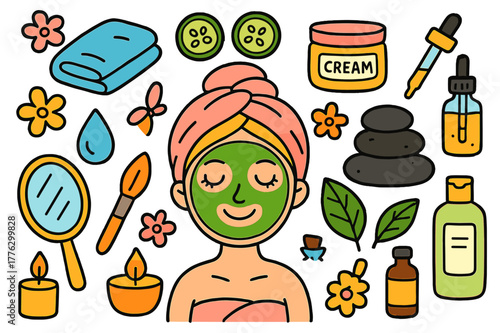 Colorful Spa Doodle. beauty spa. Colorful Hand-drawn doodle Children illustration beauty spa face mask, cucumber slices, headband, towel, cream jar, brush,