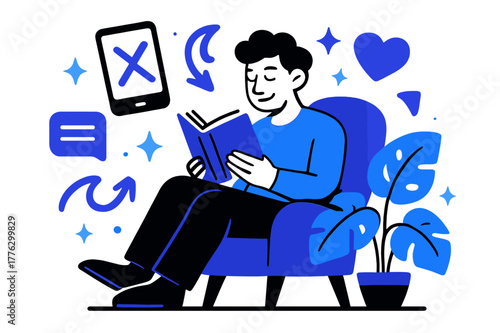 Digital Detox Escape. Digital detox for employees. Employee reading book in quiet corner with abstract floating icons, arrows, and sparkles; emphasizes focus,