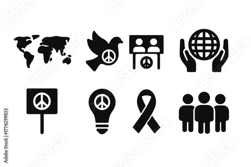Global Peace Icons. Global peace movement. Filled icon set of global peace movement: world map, peace dove,