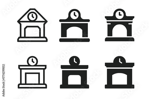 Fireplace Mantel Logos. fireplace mantel. Set Logo of fireplace mantel: mantel clock centerpiece. Icon set. harmonious logo variations of the same emblematic