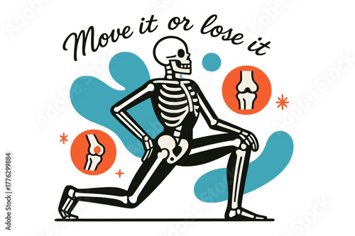 Dynamic Joint Health. Bone & Joint Health. A stylized skeleton frame moves gracefully through a lunge; floating icons highlight knees and hips. Text ?Move it