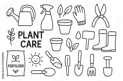 Plant Care Essentials. Plant care. Hand-drawn doodle illustration plant care watering can, spray bottle, gloves, pruning shears, pot, leaves, fertilizer bag,