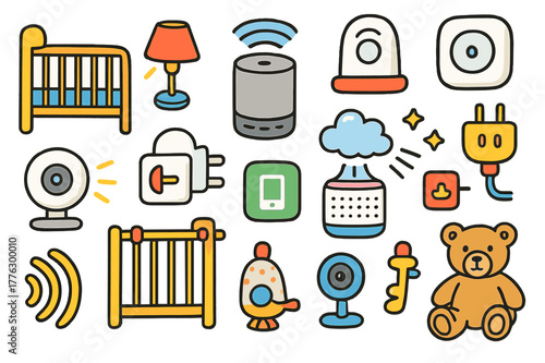 Smart Nursery Icons. Smart nursery setup. Colorful Hand-drawn doodle Children illustration Smart nursery setup crib, night lamp, smart speaker, humidifier, air