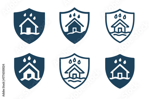 Flood Protection Logos. Dealing with home flooding and water damage. Set Logo of dealing with home flooding and water damage: shield protecting house from