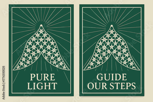 Sacred Geometry Banners. Sacred Geometry Light. Two vertical A6 banners with safe margins, centered composition, no elements touching edges, geometric, emerald