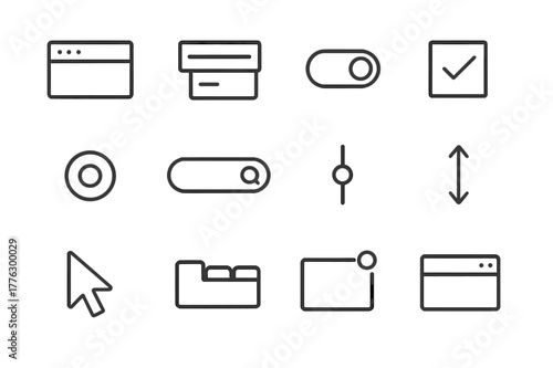 Minimalist UI Icon Set. User Interface. Line icon set of User Interface: window frame, dropdown menu, toggle switch, checkbox, radio button, search bar,