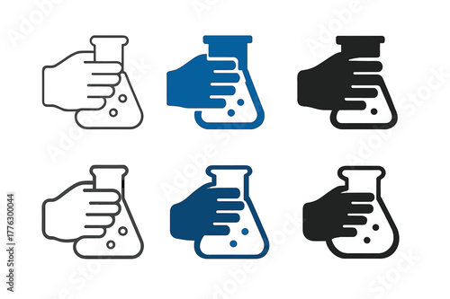 Scientific Experiment Logos. Students participating in hands-on experiments. Icon set. Set Logo of students participating in hands-on experiments: gloved hand
