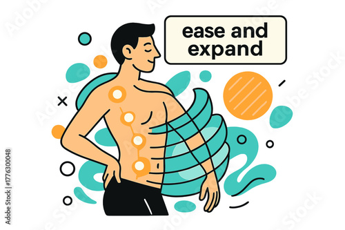 Myofascial Flow Unveiled. Myofascial Release. Layers of curved transparent shapes peel back around the torso; glowing dots mark points of release. Floating