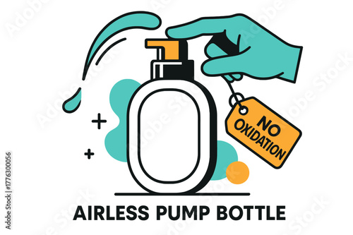Minimalist Pump Bottle. Airless Pump Bottle. A minimalist oval bottle rises with a tidy pump click; a tag reads ?No Oxidation.? Motion lines swoop as product