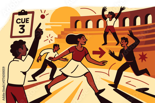 Golden Hour Rehearsal. Amphitheater ? Golden Hour Rehearsal. Performers block scenes with relaxed focus; sun streaks carve long shadows on the stone floor.