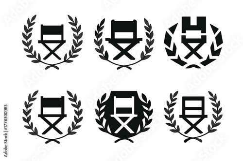 Film Festival Logos. film festivals. Set Logo of film festivals: director?s chair framed by laurel branches. Icon set. harmonious logo variations of the same