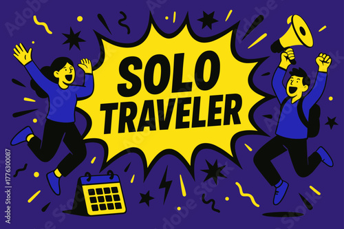 Solo Traveler Excitement. Solo Traveler banner, flat vector illustration, bold oversized text inside comic burst banner, cartoon characters jumping and