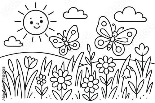 Meadow Coloring Fun. Sunny meadow children?s coloring book illustration, outlined drawing, open field with butterflies, flowers, and tall grass, educational