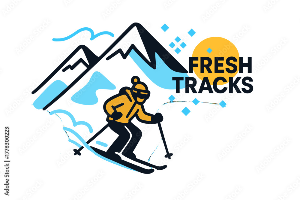 Fototapeta premium Backcountry Arctic Descent. Backcountry Descent. A lone skier drops into untouched powder, tiny against bold ridgelines. ?Fresh Tracks? floats beside drifting