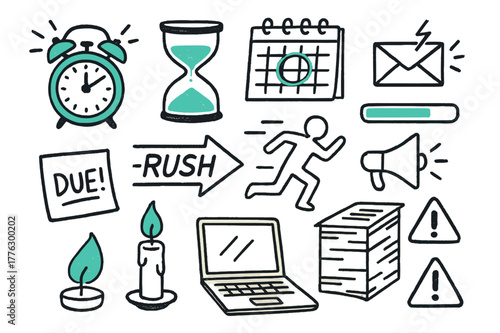 Deadline Rush Icons. // Deadline crunch. Hand-drawn doodle illustration Deadline crunch [alarm clock (accented), hourglass (accented), calendar with red circle