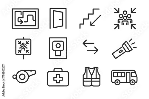 Emergency Evacuation Icons. Emergency Evacuation. Line icon set of Emergency Evacuation: evacuation map, exit door, staircase down, assembly point, muster