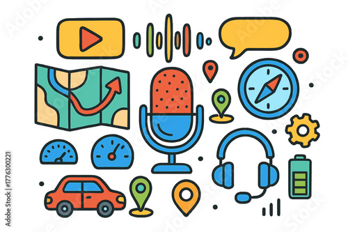 Colorful Navigation Doodles. Navigation voice assistant interface. Colorful Hand-drawn doodle Children illustration Navigation voice assistant interface