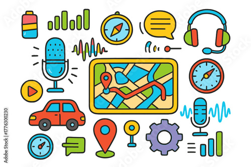 Colorful Navigation Interface Icons. Navigation voice assistant interface. Colorful Hand-drawn doodle Children illustration Navigation voice