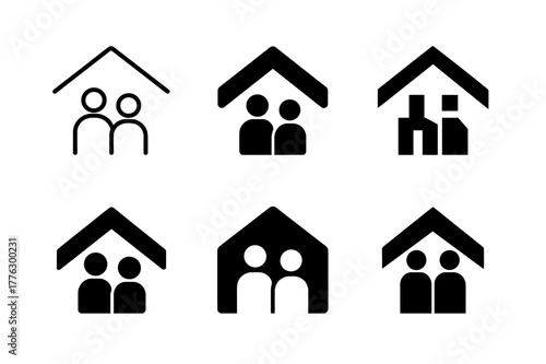 Diverse Shelter Logos. Migrant shelters. Set Logo of Migrant shelters: house roof protecting people figures. Icon set. harmonious logo variations of the same
