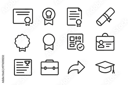 Credentials Icon Set. Certificates and credentials. Line icon set of credentials: certificate, badge, transcript, diploma tube, seal, ribbon, verification qr,