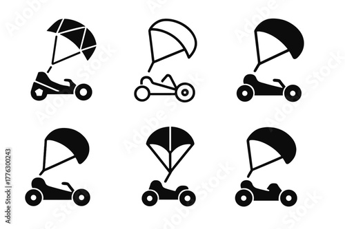 Kite Buggy Logo Variations. Kite buggy. Set Logo of Kite buggy: traction kite towing sand buggy. harmonious logo variations of the same emblematic concept,