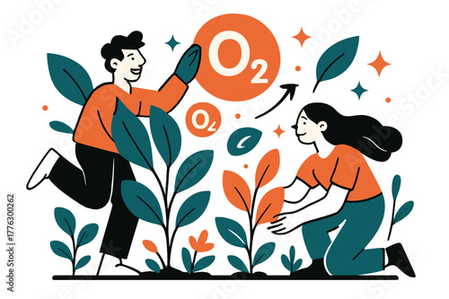 Photosynthesis Energy Art. Oxygen. Plants producing oxygen via photosynthesis with abstract floating O2 molecules and sparkles; conveys ecology,