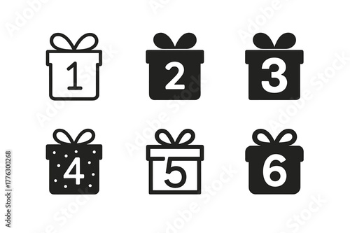 Advent Calendar Logos. Christmas advent calendar ideas. Set Logo of christmas advent calendar ideas: mini gift boxes with numbers. Icon set. harmonious logo