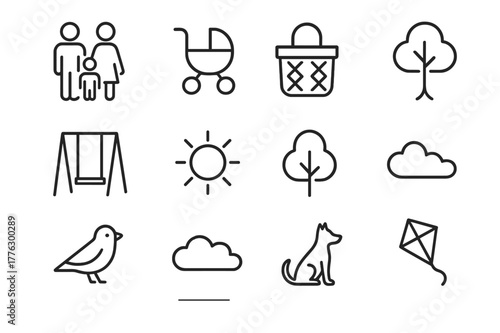 Family Park Icons. Family park day. Line icon set of family park day: parents, child, stroller, picnic basket, swing, sun, tree, bird, cloud, blanket, dog,