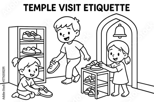 Temple Visit Coloring Page. Temple visit etiquette children?s coloring book illustration, outlined drawing, visitors removing shoes and placing them on a rack