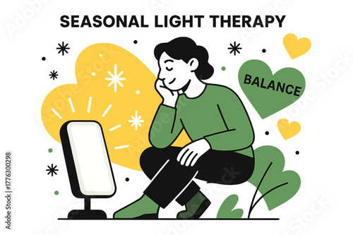 Seasonal Light Balance. Seasonal Light Therapy. A person sits beside a bright lamp; sunlight shapes overlap with heart icons labeled ?Balance.? Snowflakes