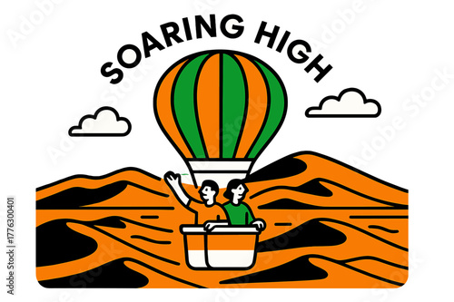 Desert Balloon Adventure. Riding in a hot air balloon over a vast desert. A colorful balloon floats above