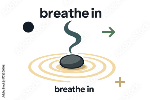 Tranquil Meditation Pebble. Pebble ? Meditation Focus. A single pebble rests at the center of soft sand spirals; incense smoke curves upward. Caption ?breathe