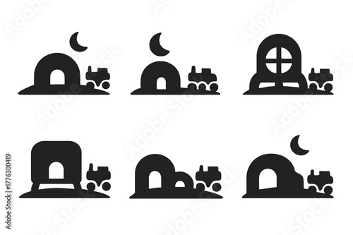 Lunar Habitat Logos. The future of space habitats and long-term space travel. Set Logo of lunar surface habitat with rover: Symmetrical form, Minimal outline,