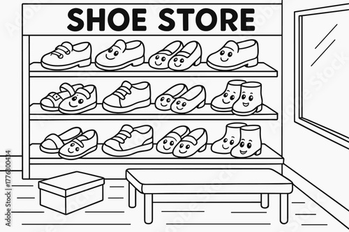 Smiling Shoes Coloring Page. Shoe store children?s coloring book illustration, outlined drawing, cartoon shop