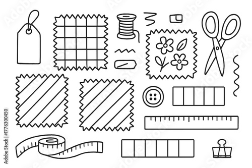 Fabric Tools Icon Set. Fabric swatches. Hand-drawn doodle illustration fabric swatches fabric samples, tag, thread spool, scissors, ruler, button, grid,