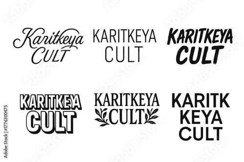 Kartikeya Lettering Variations. Karitkeya Cult. Set lettering. harmonious lettering variations of the same emblematic concept, each with different artistic