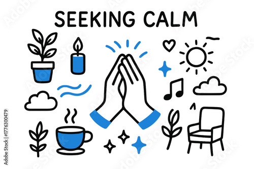 Seeking Calm Doodle. // Seeking calm. Hand-drawn doodle illustration Seeking calm [hands clasped (accented), deep breath lines (accented), plant, candle