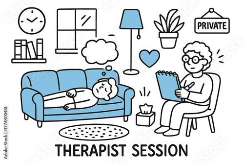 Therapist Session Doodle. // Therapist session. Hand-drawn doodle illustration Therapist session [sofa (accented), therapist notebook (accented), clock,